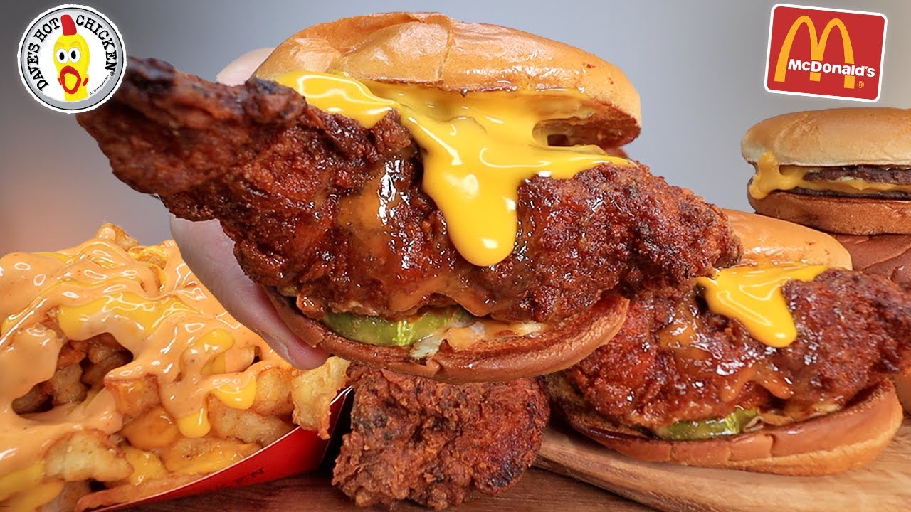 ASMR MUKBANG DAVE'S HOT CHICKEN SPICY CHICKEN TENDERS, MCDONALD'S BURGER & FRIES, CHEESE FRIES