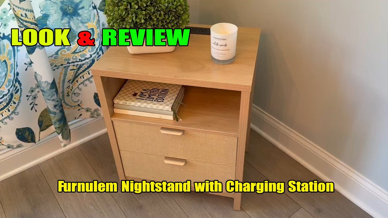 Furnulem Nightstand with Charging Station Review | Natural Oak Bedside Table with Storage