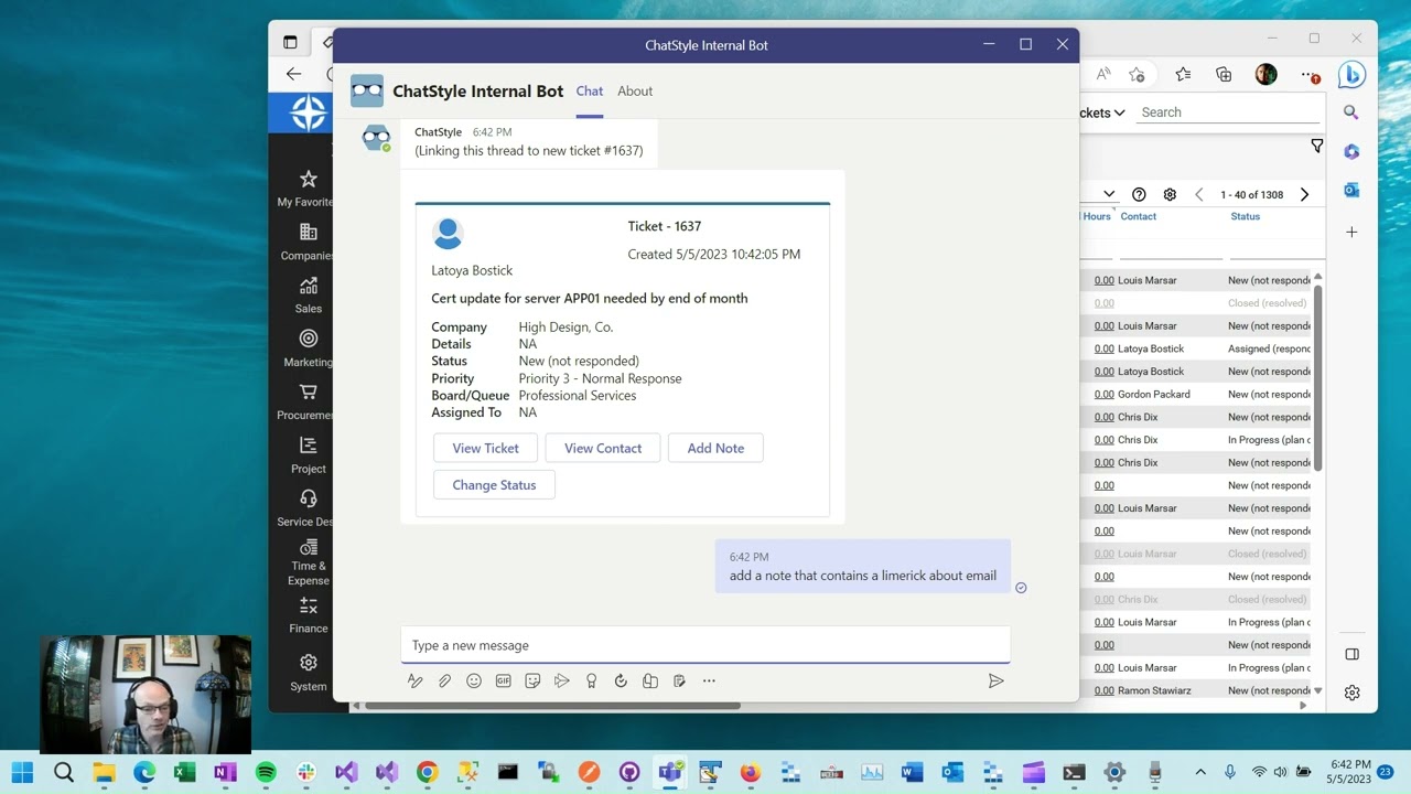ChatStyle Virtual Assistant with Microsoft Teams, ConnectWise PSA, and Azure OpenAI Service