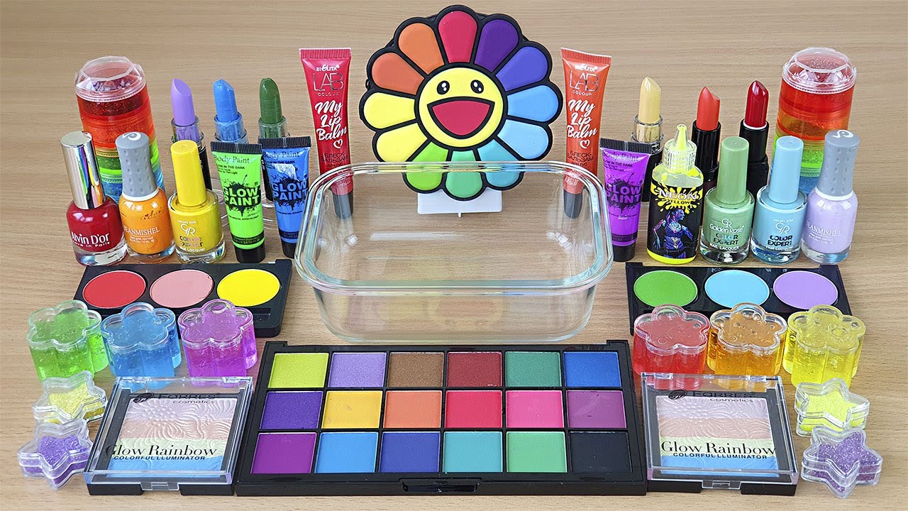 RAINBOW SLIME Mixing makeup and glitter into Clear Slime Satisfying Slime Videos