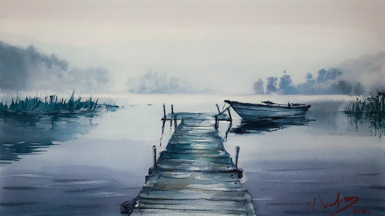 Watercolor Fog On A Lake