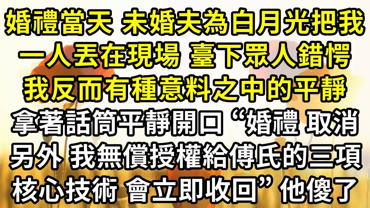 婚禮當天 未婚夫為了白月光，把我一人丟在現場， 相比臺下錯愕的眾人，我反而有種意料之中的平靜，話筒平靜開口 “婚禮 取消，另外 我之前無償授權給傅氏的三項核心技術專利， 會立即啟動收回程序”他傻了