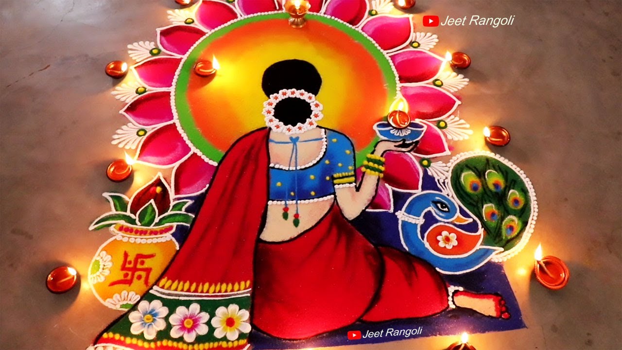 Big, innovative, creative and attractive rangoli for Diwali. दिपावली के लिए आकर्षक रंगोली।