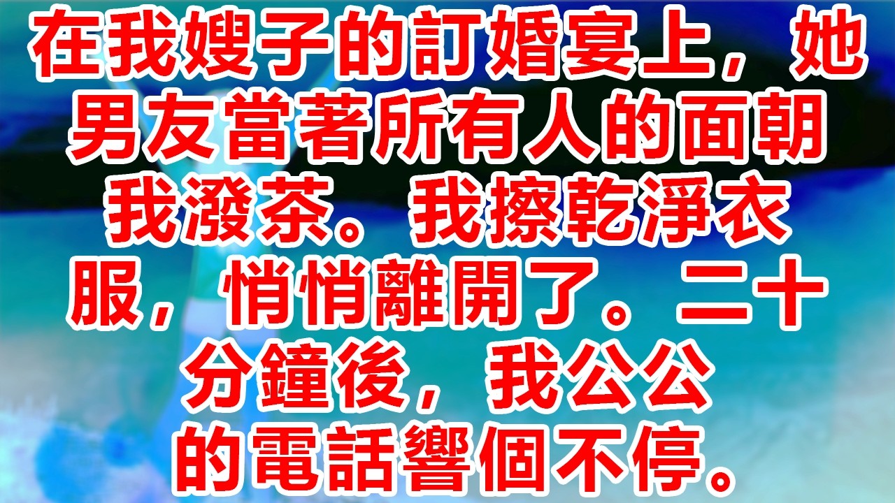 在我嫂子的訂婚宴上，她男友當著所有人的面朝我潑茶。我擦乾淨衣服，悄悄離開了。二十分鐘後，我公公的電話響個不停。