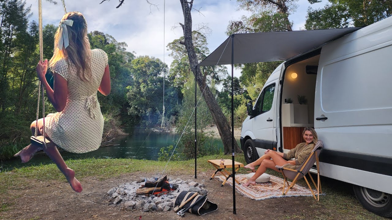 Solo Van Life at a Hidden Blue Lagoon 💙 (Relaxing Water Sounds for Sleep) | ASMR Camping)