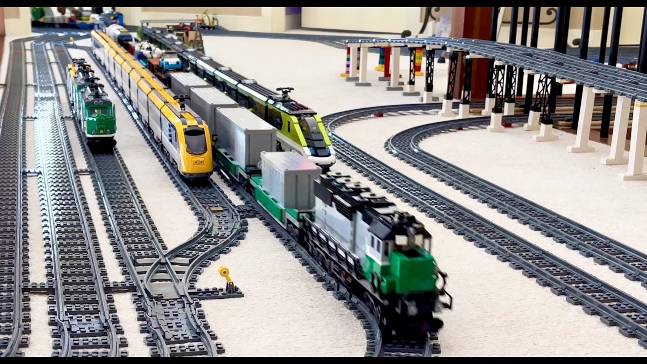 3 LEGO Diesel Locomotives Pulling 29 Freight Cars