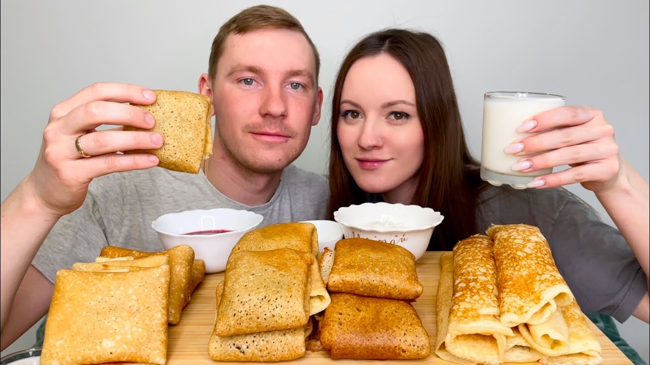 МУКБАНГ БЛИНЫ С МЯСОМ ВЕТЧИНА С СЫРОМ С ТВОРОГОМ ответы на вопросы MUKBANG PANCAKES WITH MEAT HAM