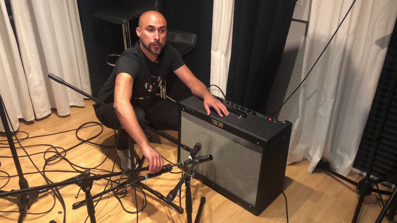 Configuración de 3 micrófonos para grabar guitarra eléctrica en el estudio de grabación