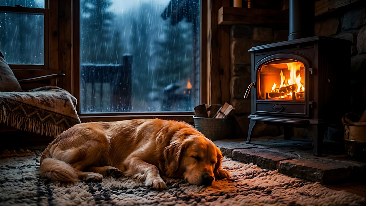 Rainy Cabin Ambience 4K: Golden Retriever Sleeping by the Fireplace Storm