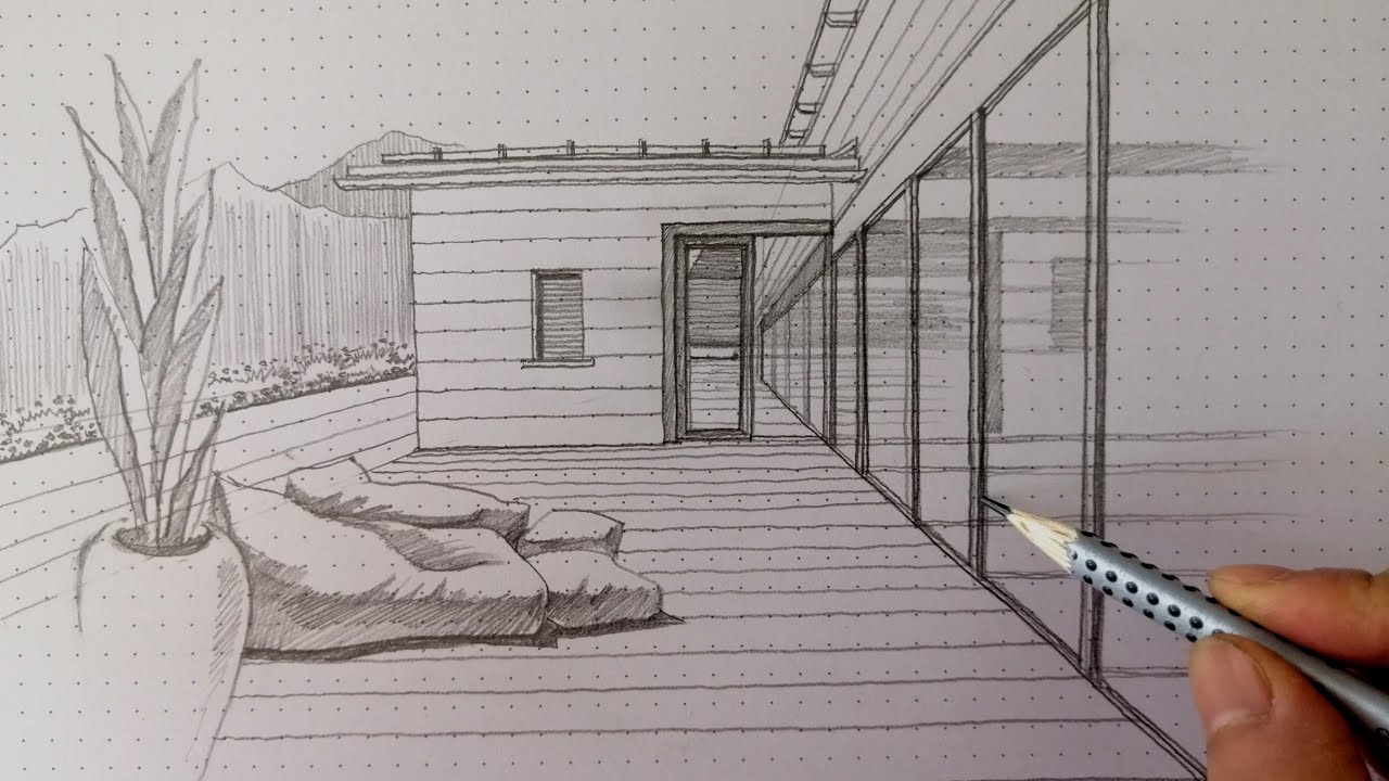 Wie zeichnet man Haus Terrasse in 1 Punkt Perspektive