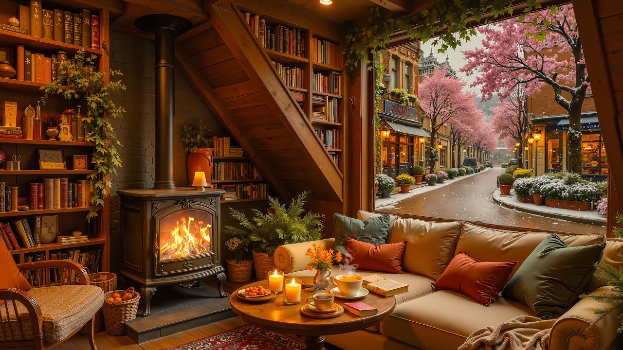 January Snowy Coffee Ambience ❄️ Relaxing Winter Jazz Music with Warm Fireplace for Relax & Study