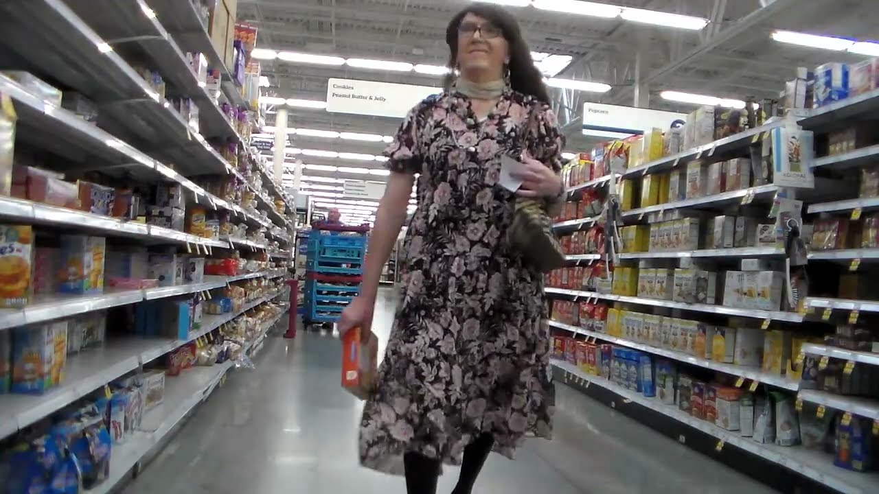 shopping at Meijer in my blush-over-black mididress, then a fuel stop