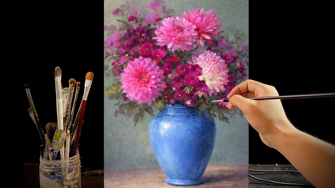 🎨 Painting Pink Chrysanthemum Flowers in a Blue Vase | Relaxing Acrylic Still Life Tutorial | #159