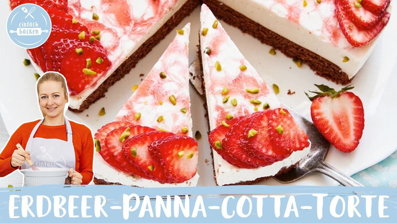 Erdbeer-Panna-Cotta-Torte 🍓| Erdbeertorte mit Schokobiskuit | Einfach Backen
