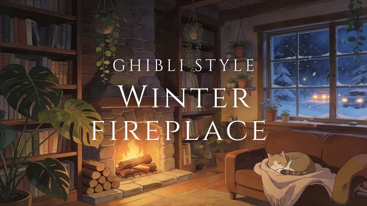 Ghibli Style Cozy Fireplace Ambience 🔥 | Relaxing Music & Crackling Wood Fire for Sleep & Study