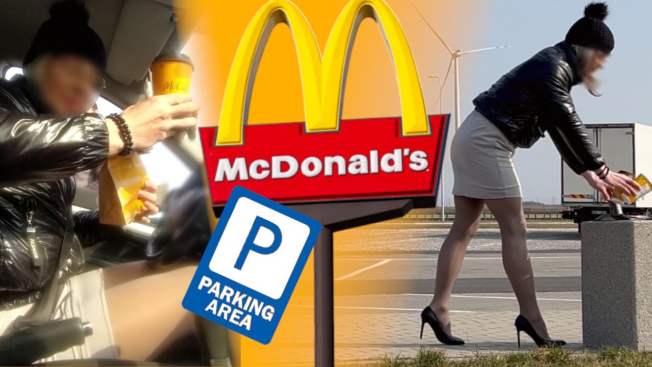 CROSSDRESSER PICKS UP AN ORDER FROM McDrive AND SMOKES A CIGARETTE AT THE PARKING LOT. TGIRL PUBLIC