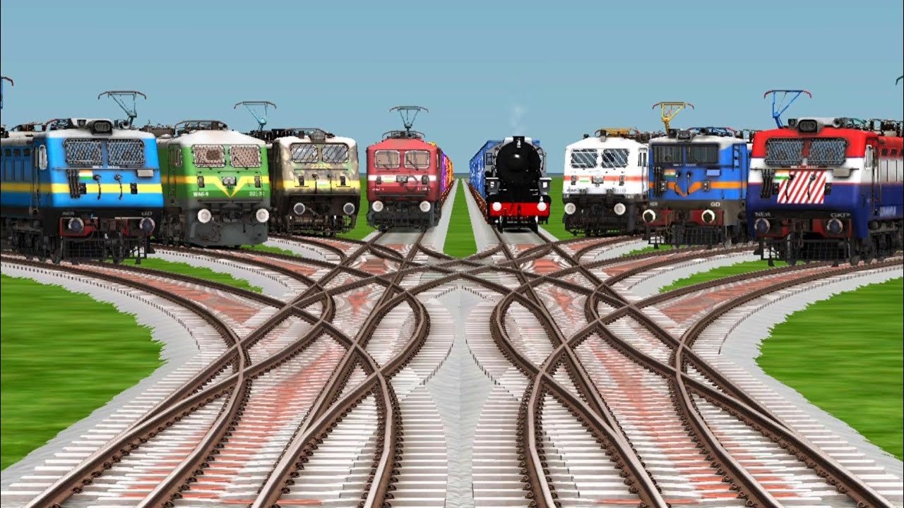 8 Indian Trains Crossing By Bumpy Branched Railroad Tracks || Indian railways || train simulatora