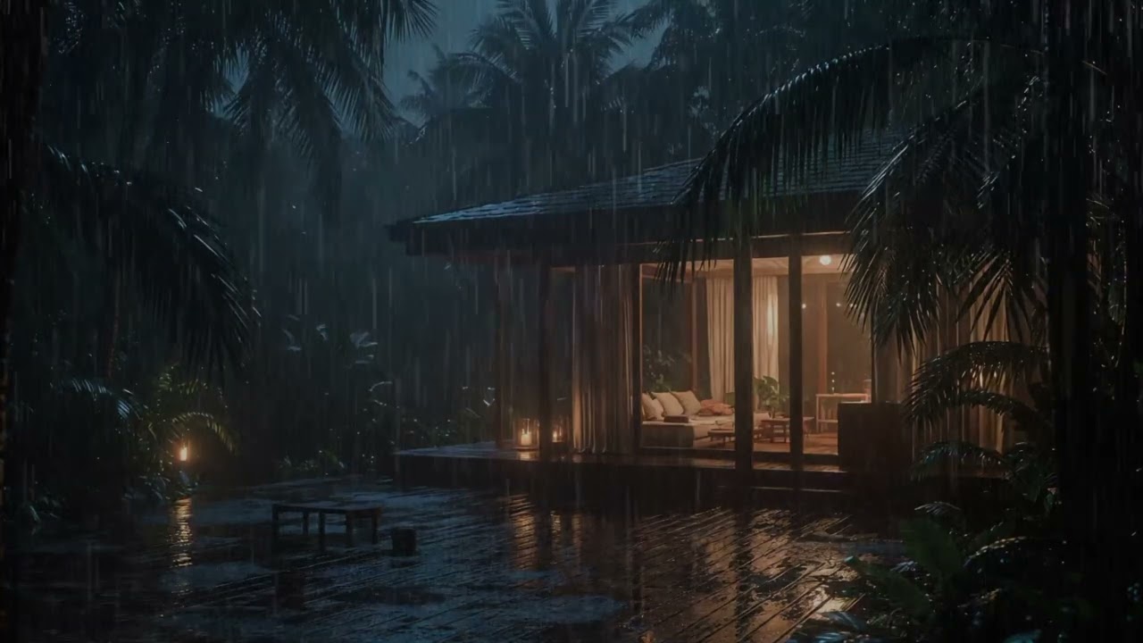 Tropical Rainstorm Night 🌧️ Cabin Ambience for Sleep, Study & Anxiety Relief