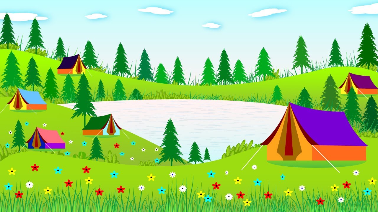 Drawing Camping Landscape In Spring Season On Illustrator. Camping Landscape Background Illustration