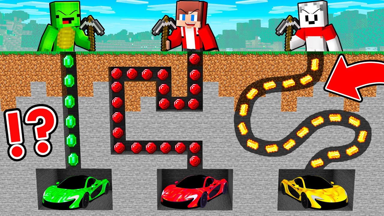 Mikey EMERALD vs JJ RUBY vs Carrie GOLD Sportcar Mine Battle in Minecraft (Maizen)