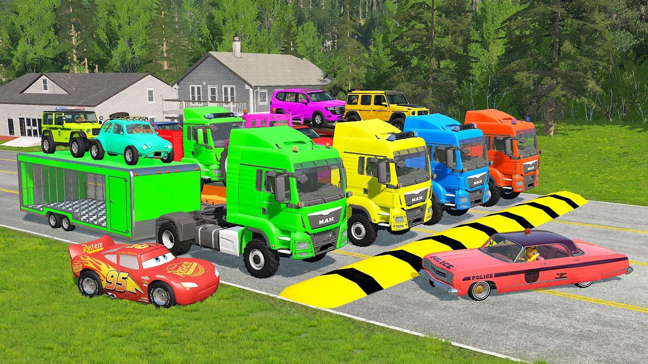 Flatbed Truck McQueen | Transportation with Truck - Pothole vs Car #23 | BeamNG.Drive Gameplay