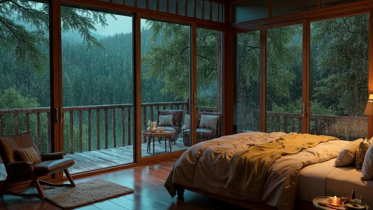Forest Rain on the Balcony Outside a Glass Bedroom | Gentle Midnight Piano for Cozy Deep Sleep