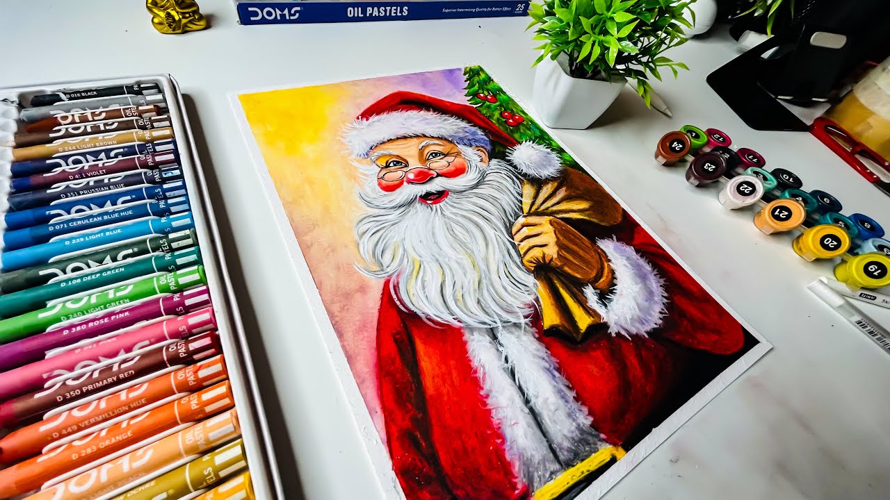 Santa Claus Drawing, Christmas Day Drawing, Santa Claus Oil Pastel Drawing