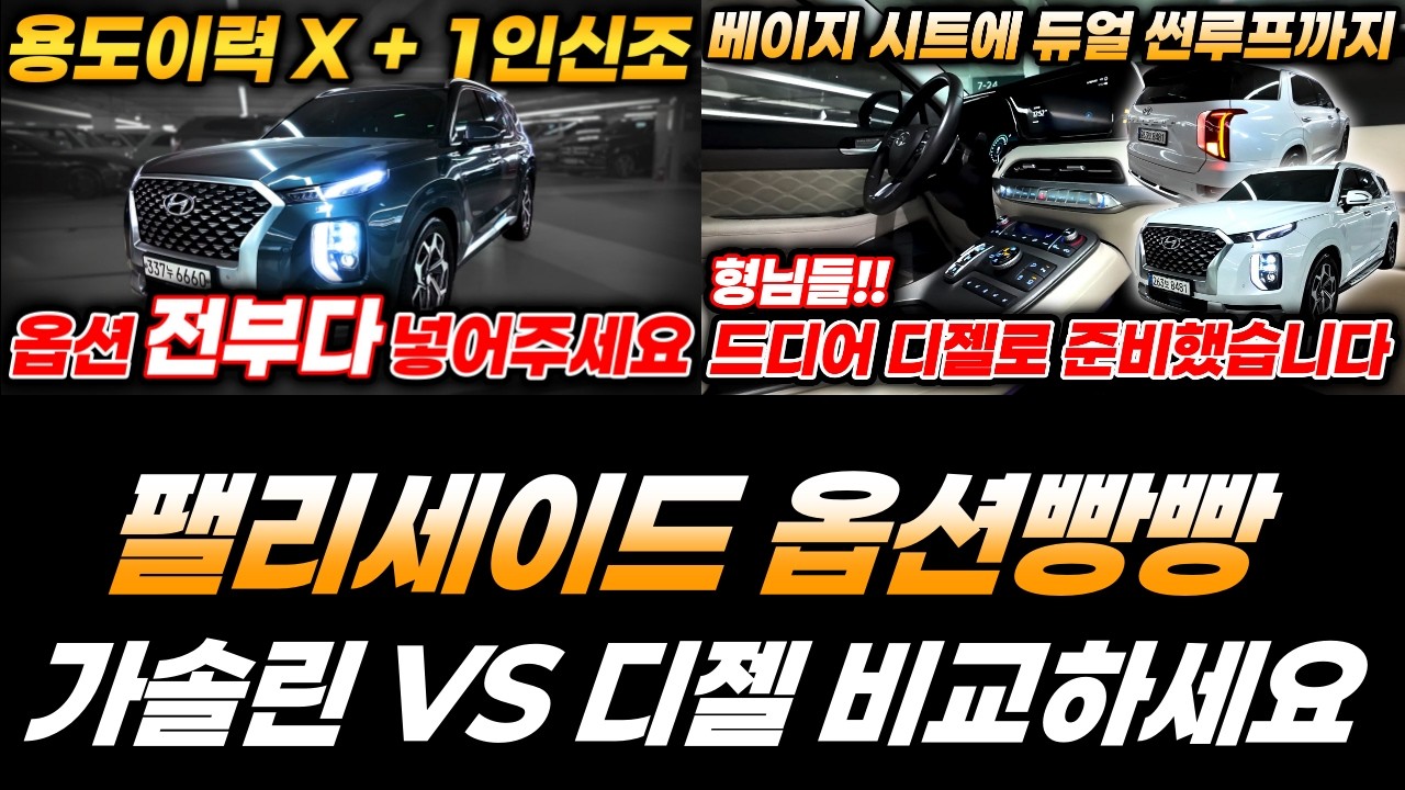 팰리세이드 중고차 !! 가솔린 VS 디젤 두대 비교하시면서 비교하세요!! 옵션적으로도 좋고 성능도 좋은 녀석입니다!! 진단평가사가 추천합니다 !!