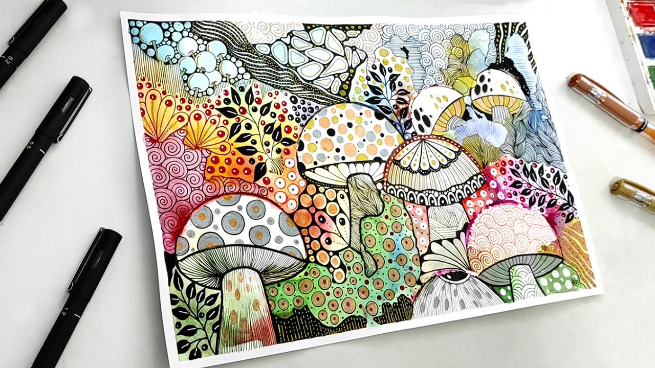 Cute Zentangle Mushrooms with Watercolor | Whimsical Art Tutorial