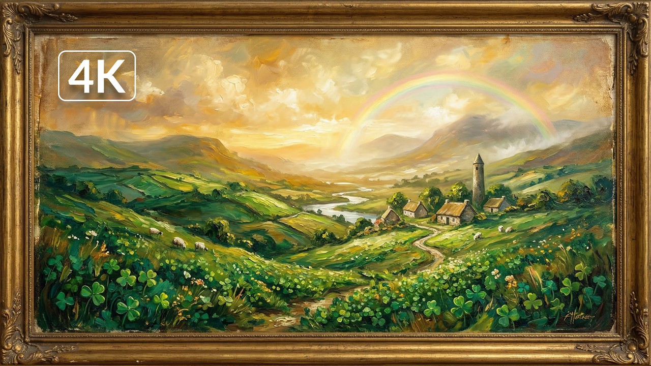 St. Patrick’s Day Irish Countryside 🍀 Rainbow & Shamrocks | 4K Gold Frame TV Art Screensaver