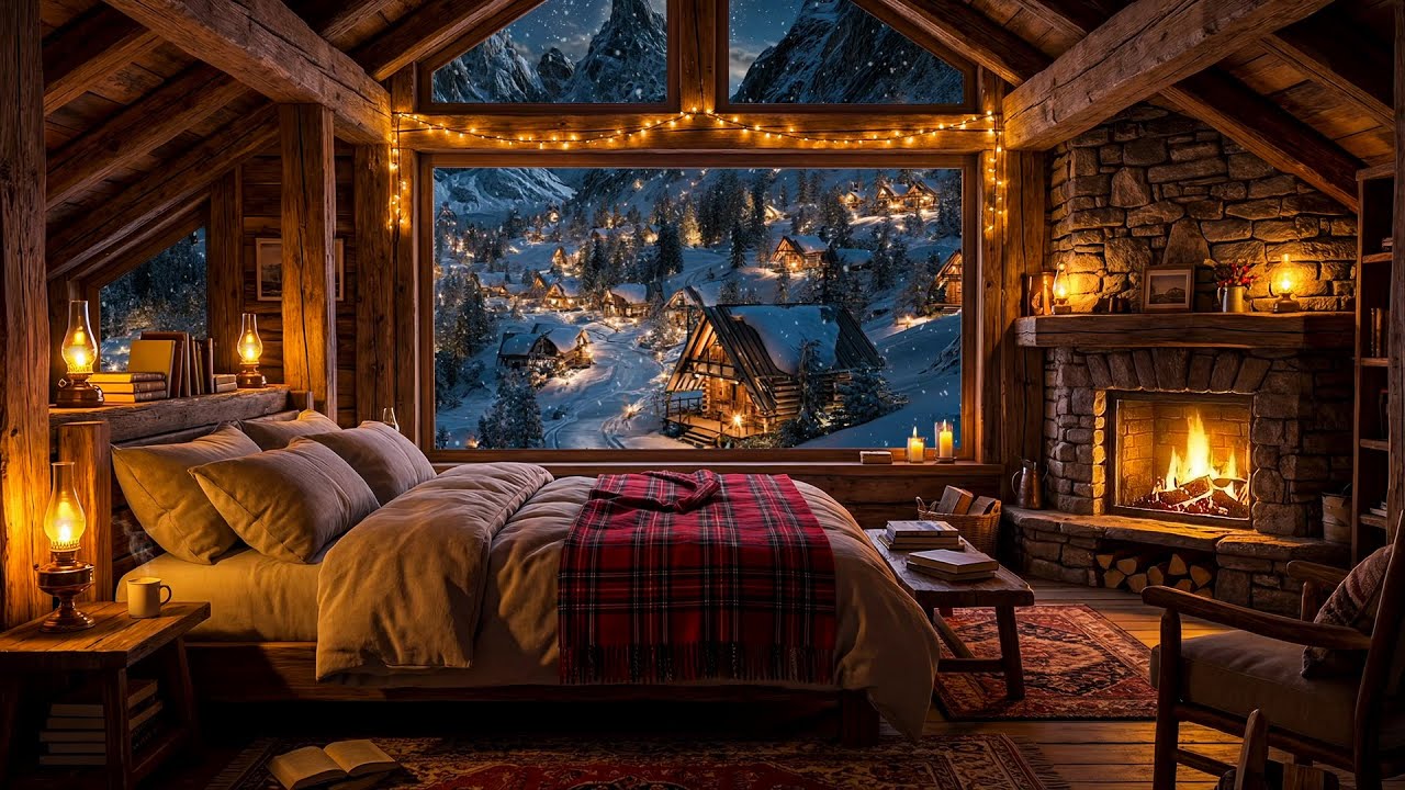Warm Winter Cabin Retreat - Crackling Fireplace & Serene Snowfall for Deep Relaxation