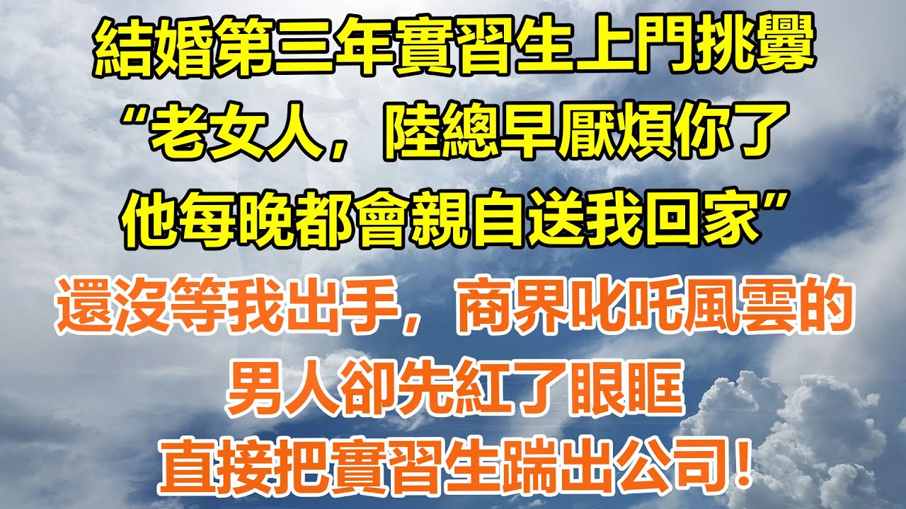 （完結爽文）結婚第三年實習生上門挑釁：“老女人，陸總早厭煩你了，他每晚都會親自送我回家”還沒等我出手，商界叱吒風雲的男人卻先紅了眼眶。直接把實習生踹出公司！#情感生活#老年人#幸福生活#出軌#家產