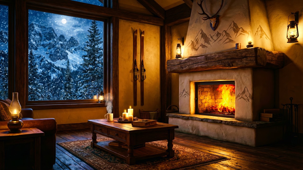 Traditional Alpine Chalet Ambience 🏔️ Cozy Fireplace & Heavy Snow [4K OLED Safe]