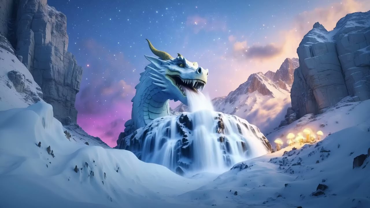 Relaxing Sound Mystical Snowfall & Dragon Fountain ❄️ | Relaxing Waterfall + Ambient Music