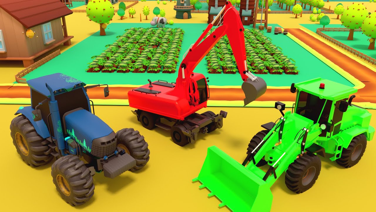 Harvesting Giant Watermelons with Excavator, Bulldozer, and Tractor | Funny 3D Farm Animation