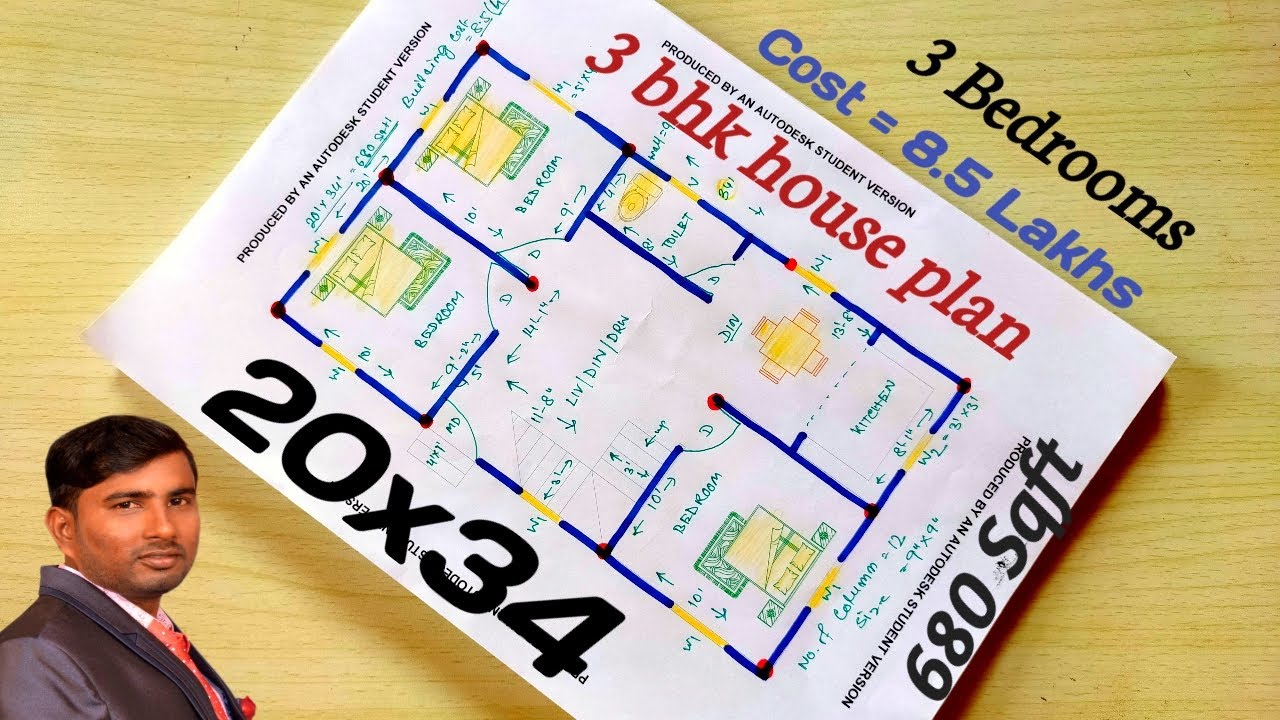 20 X 34 house plan 3 rooms || 20*34 house design || 680 sqft building plan || 20*34 Makan ka naksha