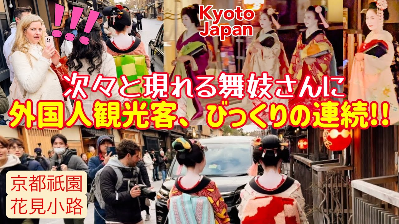次々と現れる舞妓さんに、外国人観光客がびっくりの連続!! 京都の祇園花見小路で、豪華な着物ショー！Maiko who appear one after another, kyoto, japan