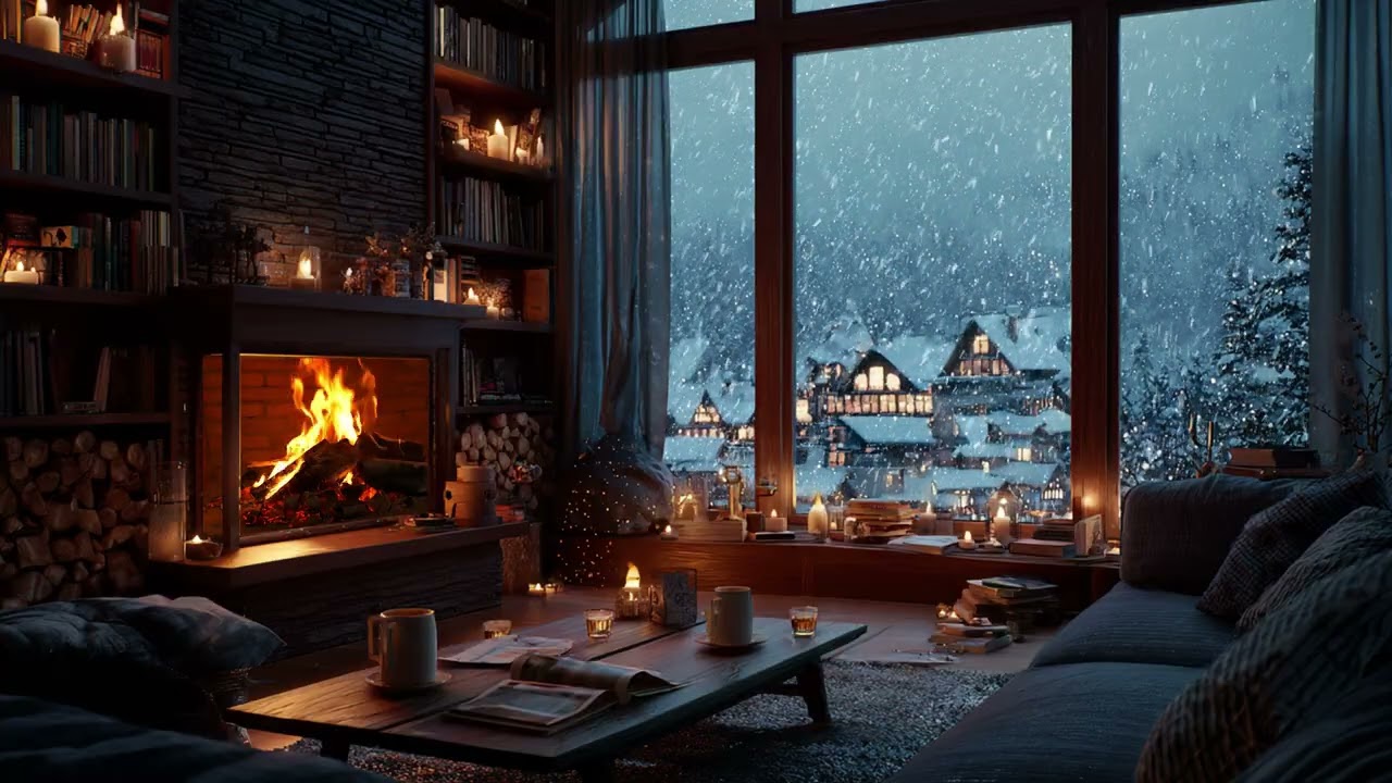 Watching the Winter City Glow from a Warm Fireplace Room | Snowfall Night Ambience