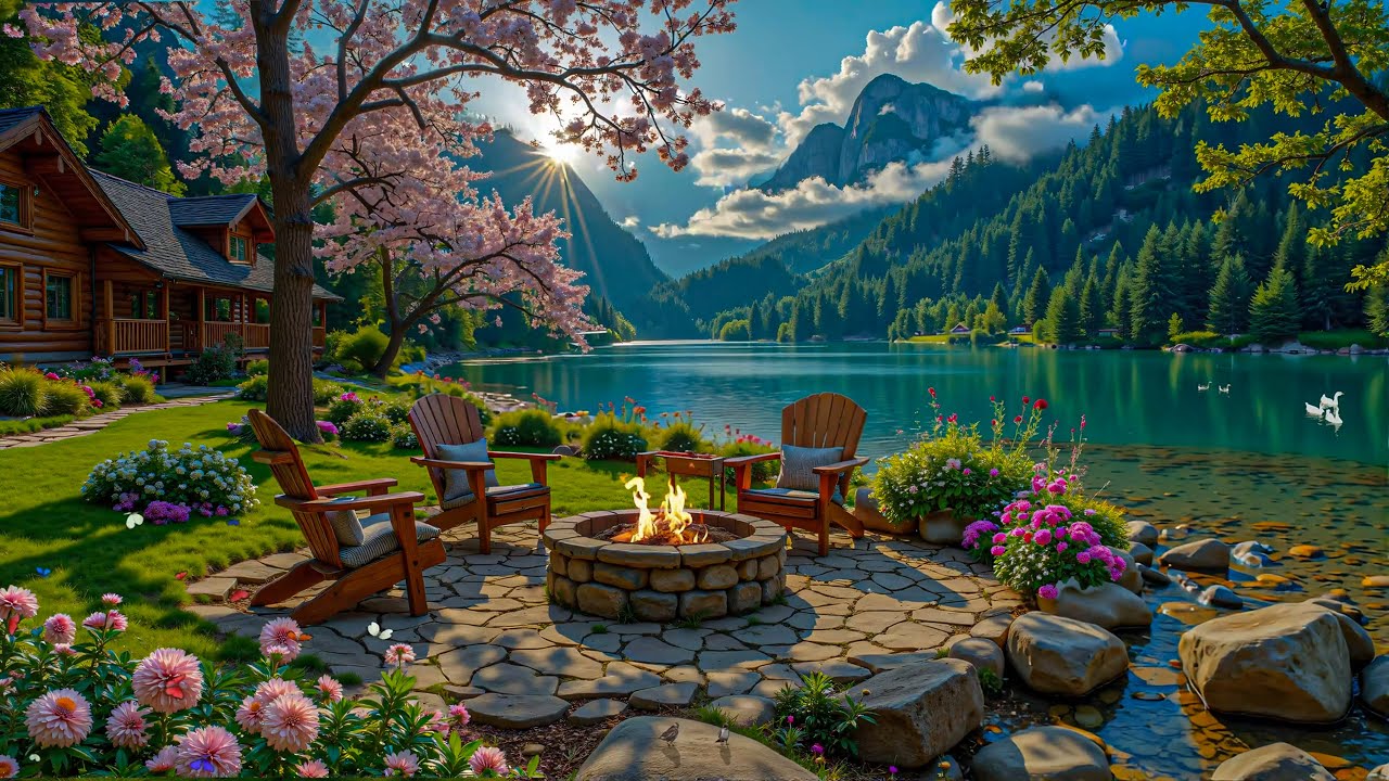 Soothing Spring Piano Music with Campfire 🔥🌸 Relaxing Lakeside Cabin with Birdsong for Work, Study