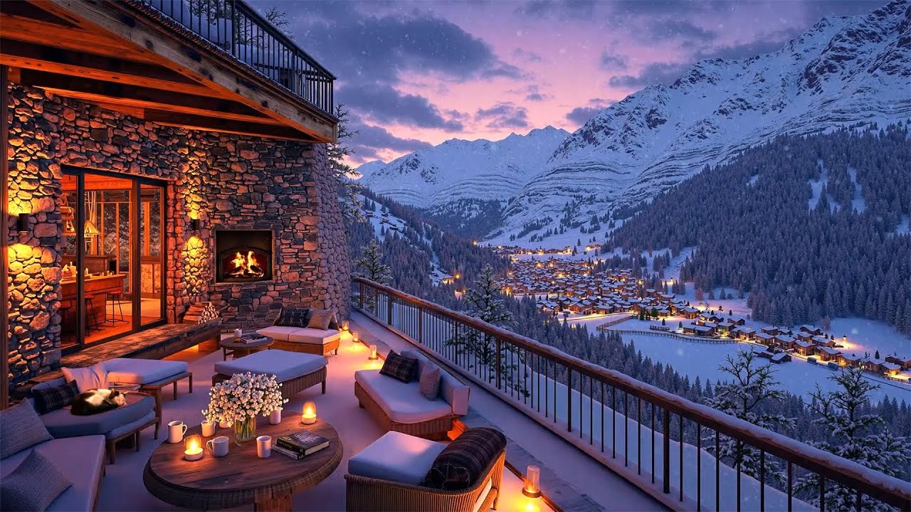 Relaxing Winter Getaway ⛄Soothing Jazz, Snowy Terrace & Warm Fireplace for Cozy and Tranquil Evening