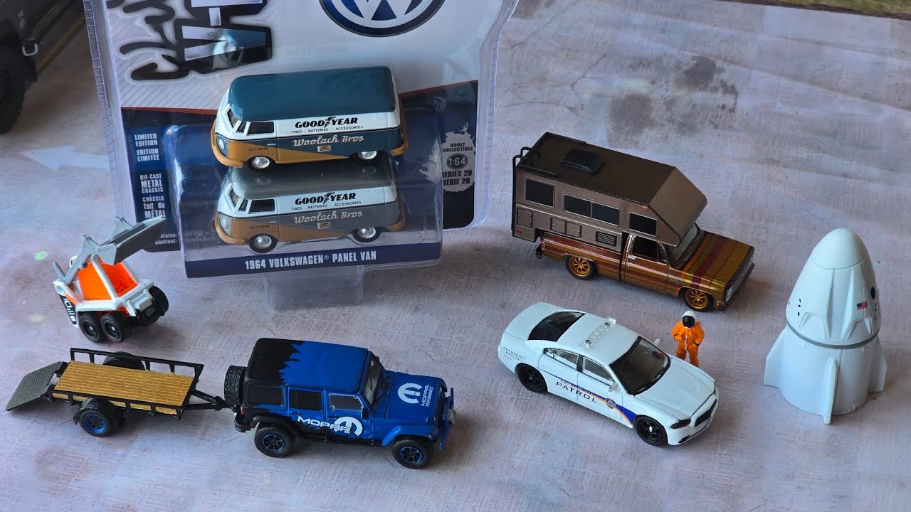 Let's have a look! Greenlight Volkswagen, Jeep Wrangler, Dodge. Autoworld Silverado Camper.