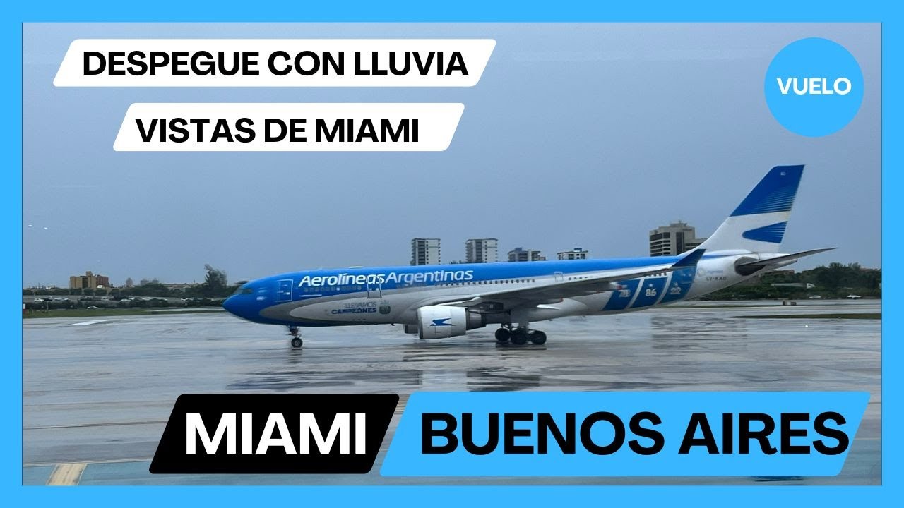 VUELO. Lluvioso despegue desde Miami hacia Buenos Aires. Grandes vistas de la ciudad.