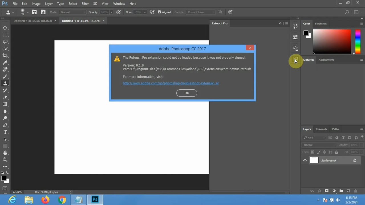 Retouch Pro panel 'extension could not be loaded' error solved.