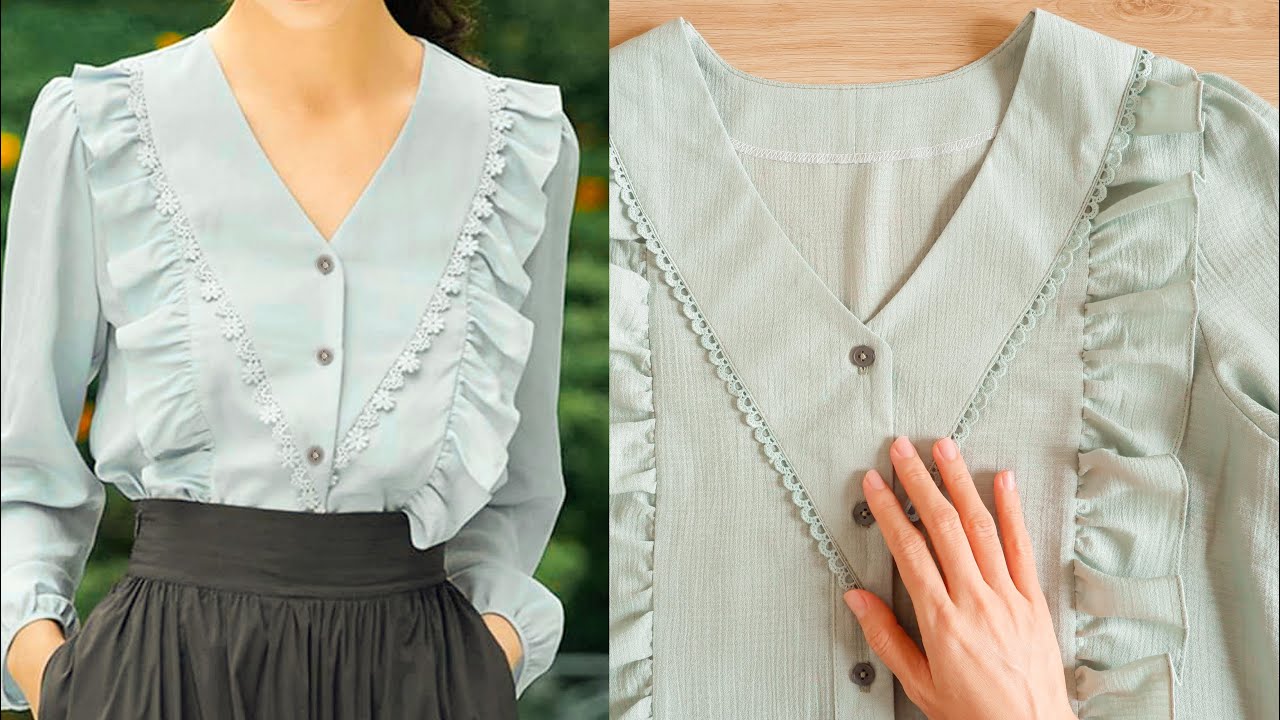 Beautiful V-neck Collar With Lace  And Front Button Sewing Technique That You Need To Learn