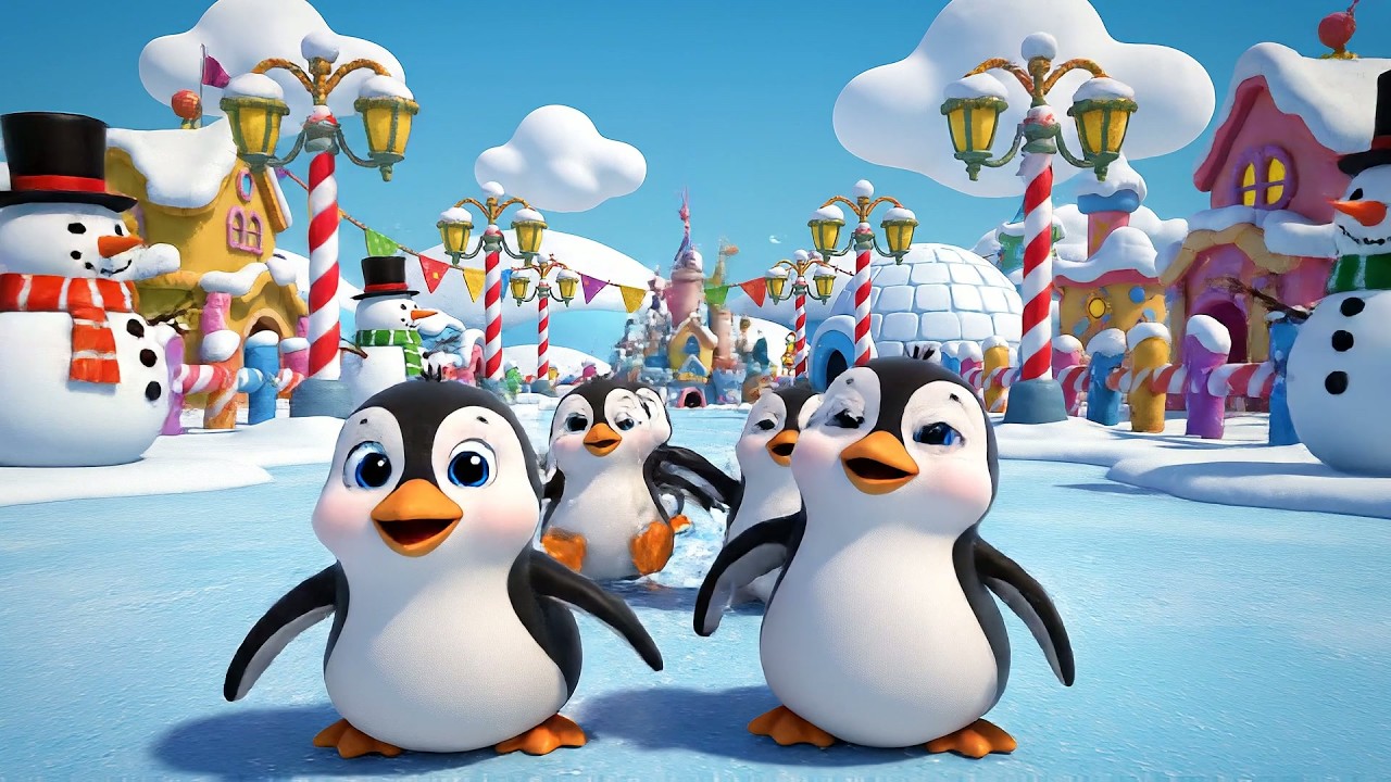 Cinco Pequeños Pingüinos Bebés Tobogán | Rimas de Invierno y Canciones para Deslizarse