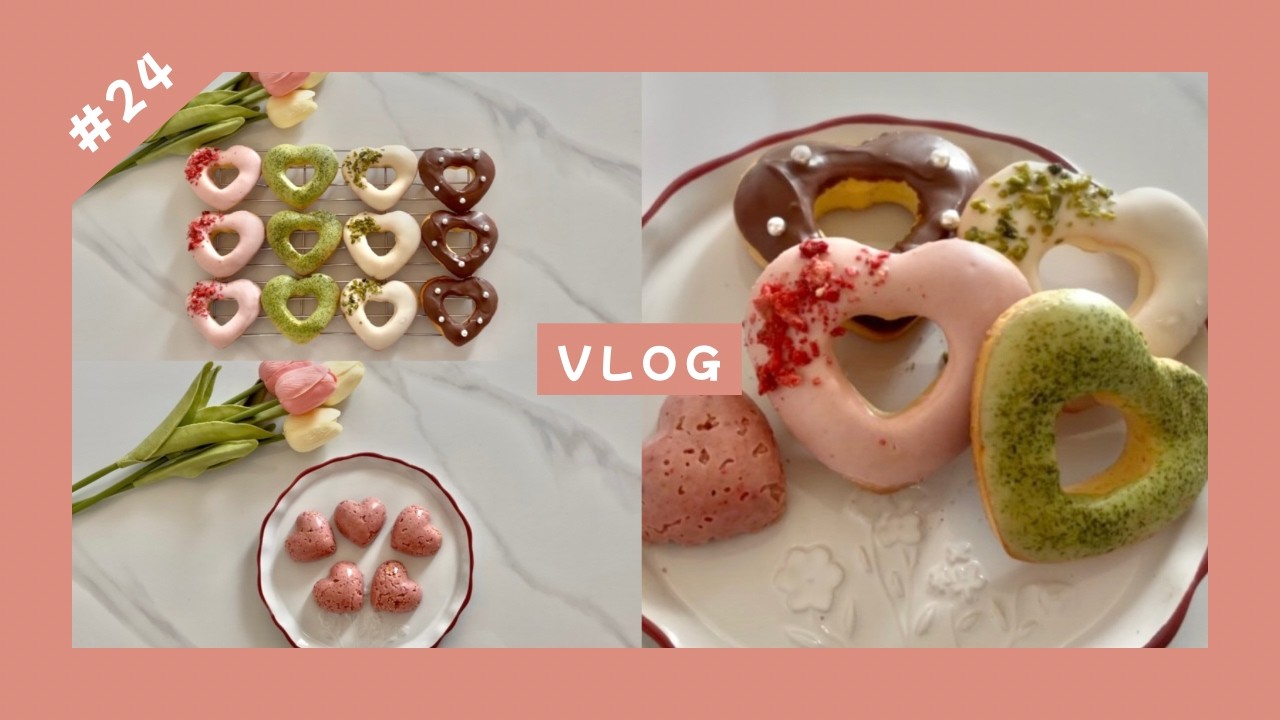 #24【vlog】バレンタイン第一弾｜いちごのクランチチョコ｜ハート型ドーナツ