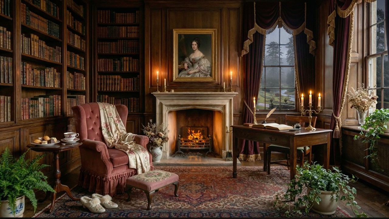 Pride & Prejudice Inspired Ambience 🌧️ Rainy Afternoon at Pemberley | Relaxing Fireplace Sounds