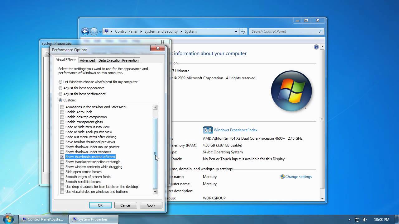 Windows 7 &mdash; Производительность &mdash; Визуальные эффекты &mdash; Дополнительные параметры системы