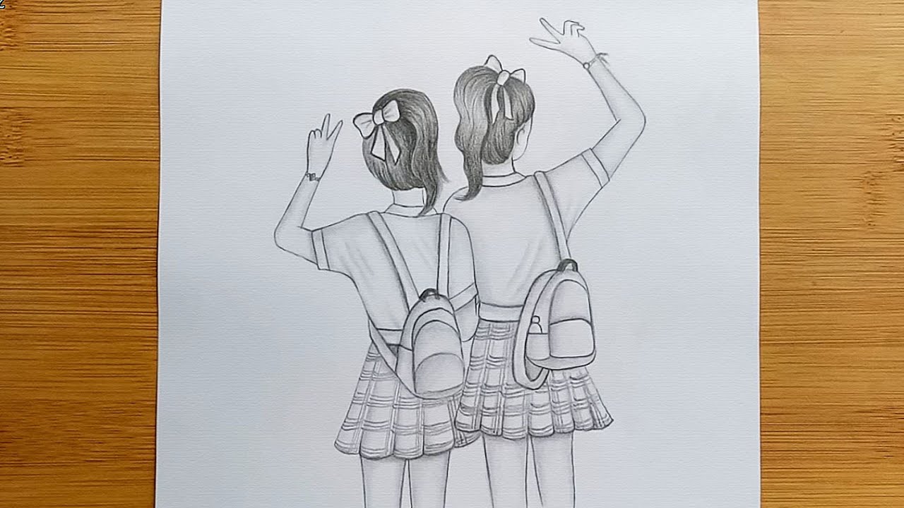 Friendship Day Drawing With Pencil Sketch//Draw School Going Girls Step by step