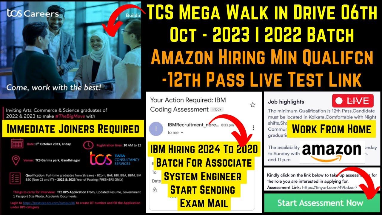 TCS Mega Walk in Drive For 2023 2022 Batch | Amazon Hiring Live Test Link | IBM ASE Exam Mail Update